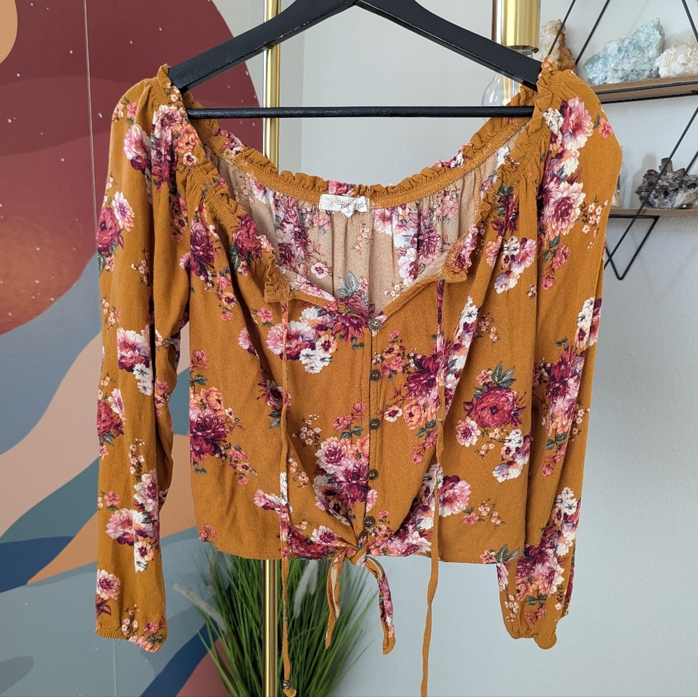 Gold Floral Puff Sleeve Blouse with Tie Front